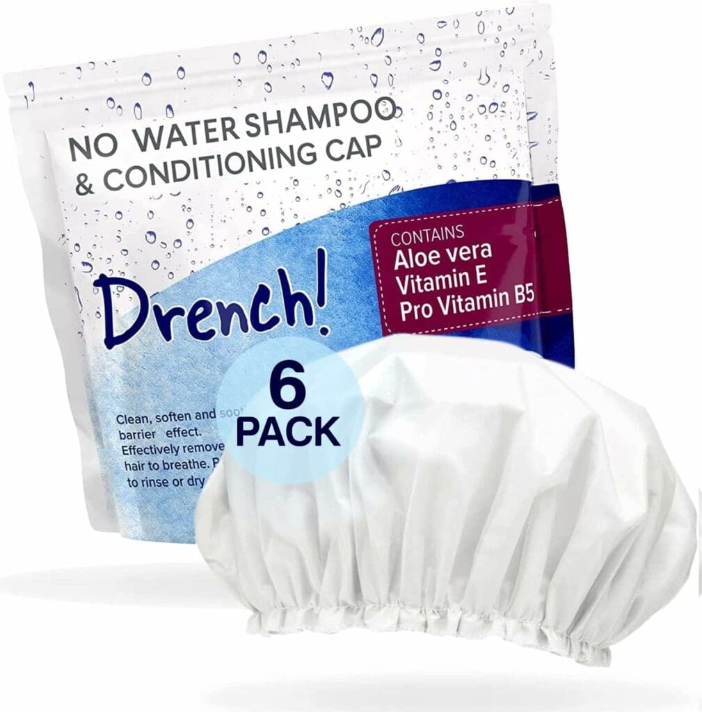 Drench! No Rinse Shampoo Caps - Waterless Shampoo and Conditioner Hair Wash Cap - Dry Hair Washing Aids with Aloe Vera and Vitamins - Pack of 6 Rinse Free No Water Shower Caps