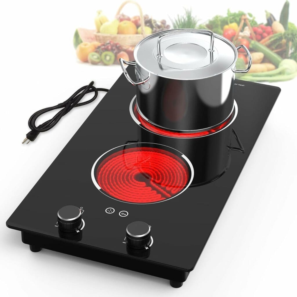 Electric Cooktop,110V 2100W Electric Stove Top with Knob Control, 10 Power Levels, Kids Lock  Timer, Hot Surface Indicator, Overheat Protection,Built-in Radiant Double induction cooktop