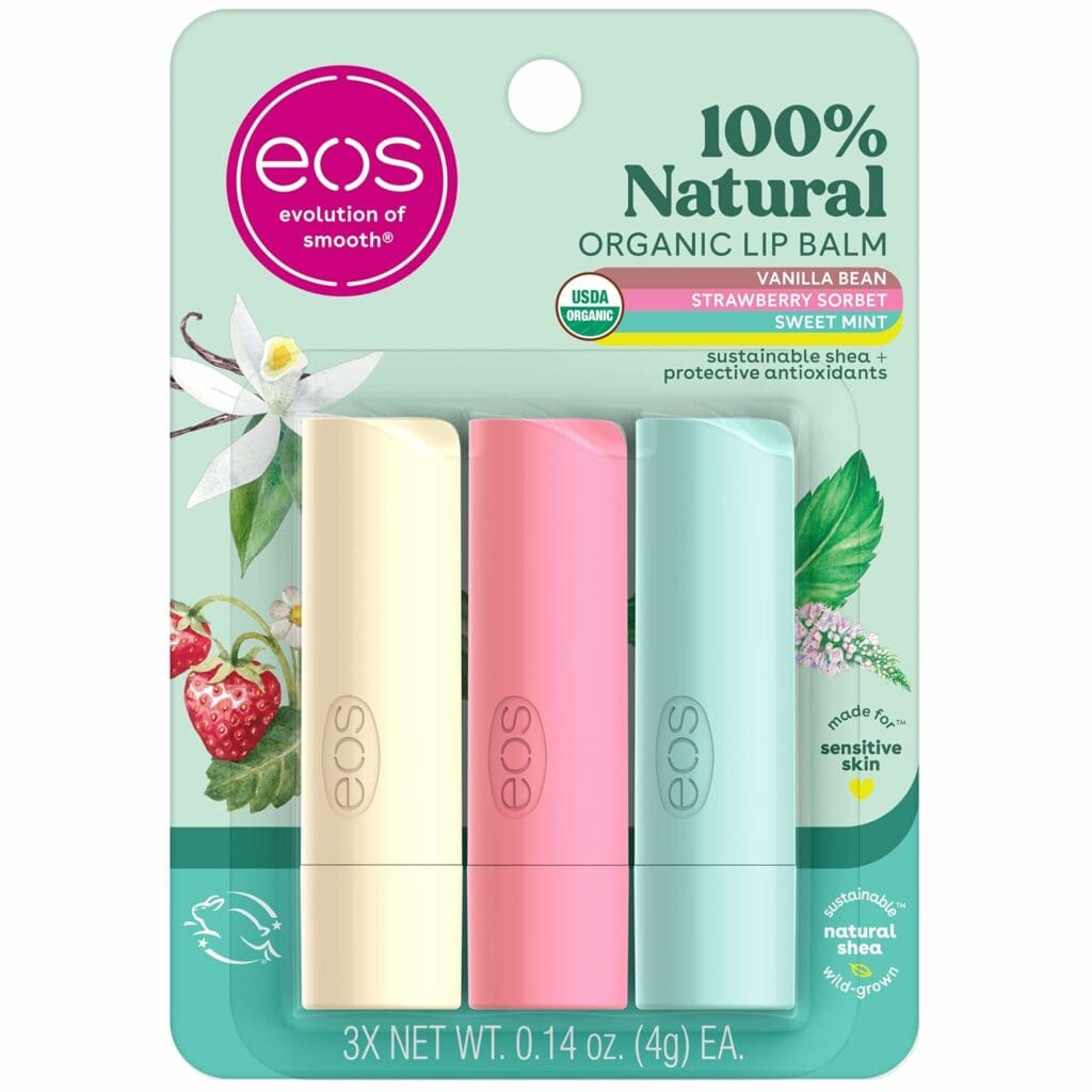 eos 100% Natural  Organic Lip Balm Trio- Vanilla Bean, Sweet Mint,  Strawberry Sorbet, Made for Sensitive Skin, Lip Care Products, 0.14 oz, 3-Pack