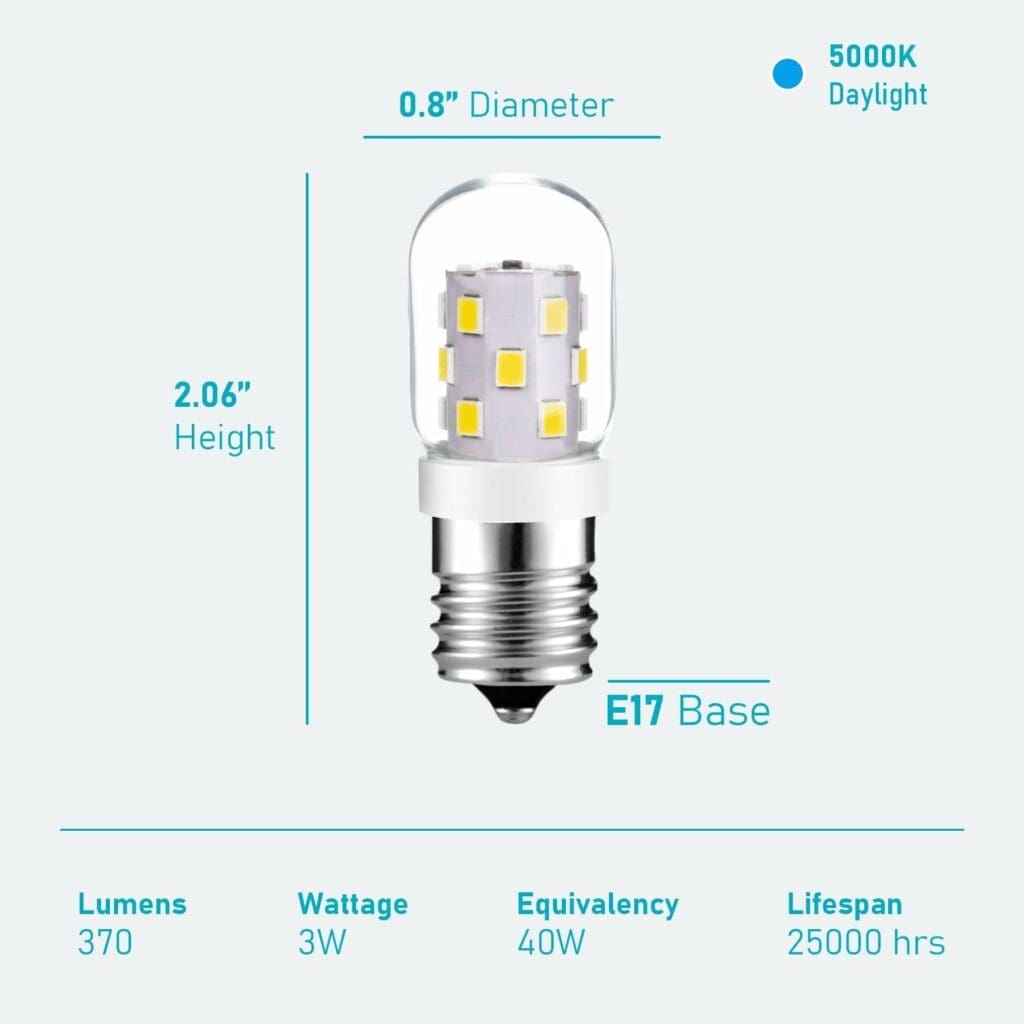 Maelsrlg LED Microwave Light Bulbs Under Hood 40W Equivalent, E17 LED Bulb Dimmable for Range Hood, 3W 380 Lumens, LED Appliance Light Bulb Over Stove, Daylight 5000K, 2 Pack