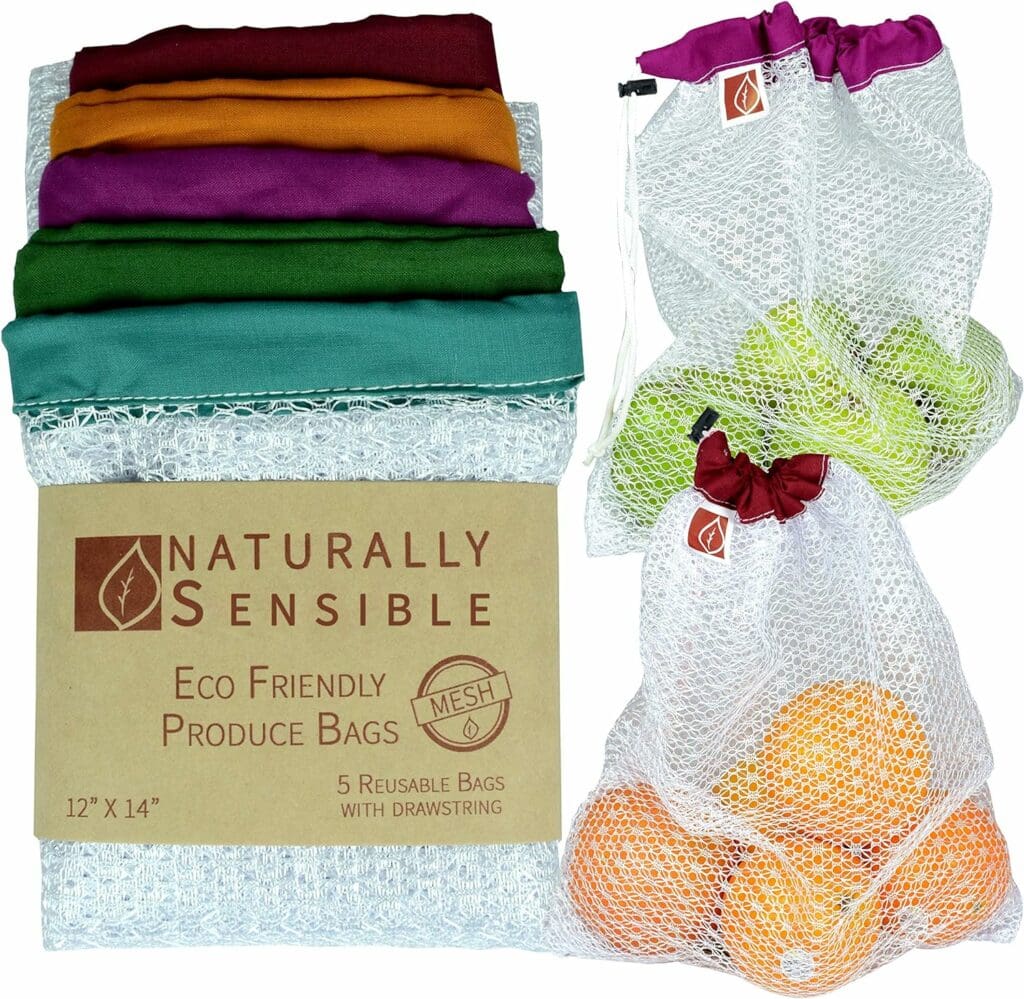 Naturally Sensible The Original Eco Friendly See Through Washable and Reusable Produce Bags - Soft Premium Lightweight Nylon Mesh Large - 12x14in - Set of 5 (Red, Yellow, Green, Blue, Purple)