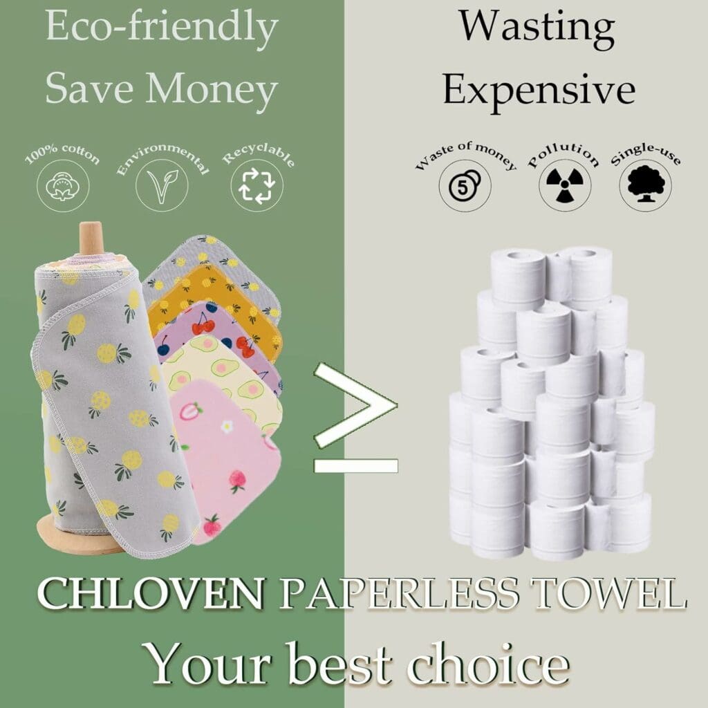 Paperless Towels Roll Washable Cotton Cloth, Reusable Paper Towels - 25 Pack with Durable Cardboard Roll - 10 X 10 Zero Waste Reusable Napkins Eco Friendly