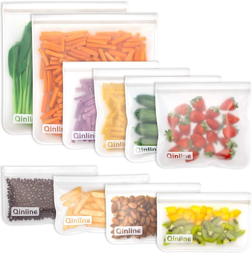 Qinline Reusable Food Storage Bags - 10 Pack BPA FREE Freezer Bags(2 Reusable Gallon Bags + 4 Reusable Sandwich Bags + 4 Food Grade Snack Bags) EXTRA THICK Leakproof Lunch Bag for Salad Fruit