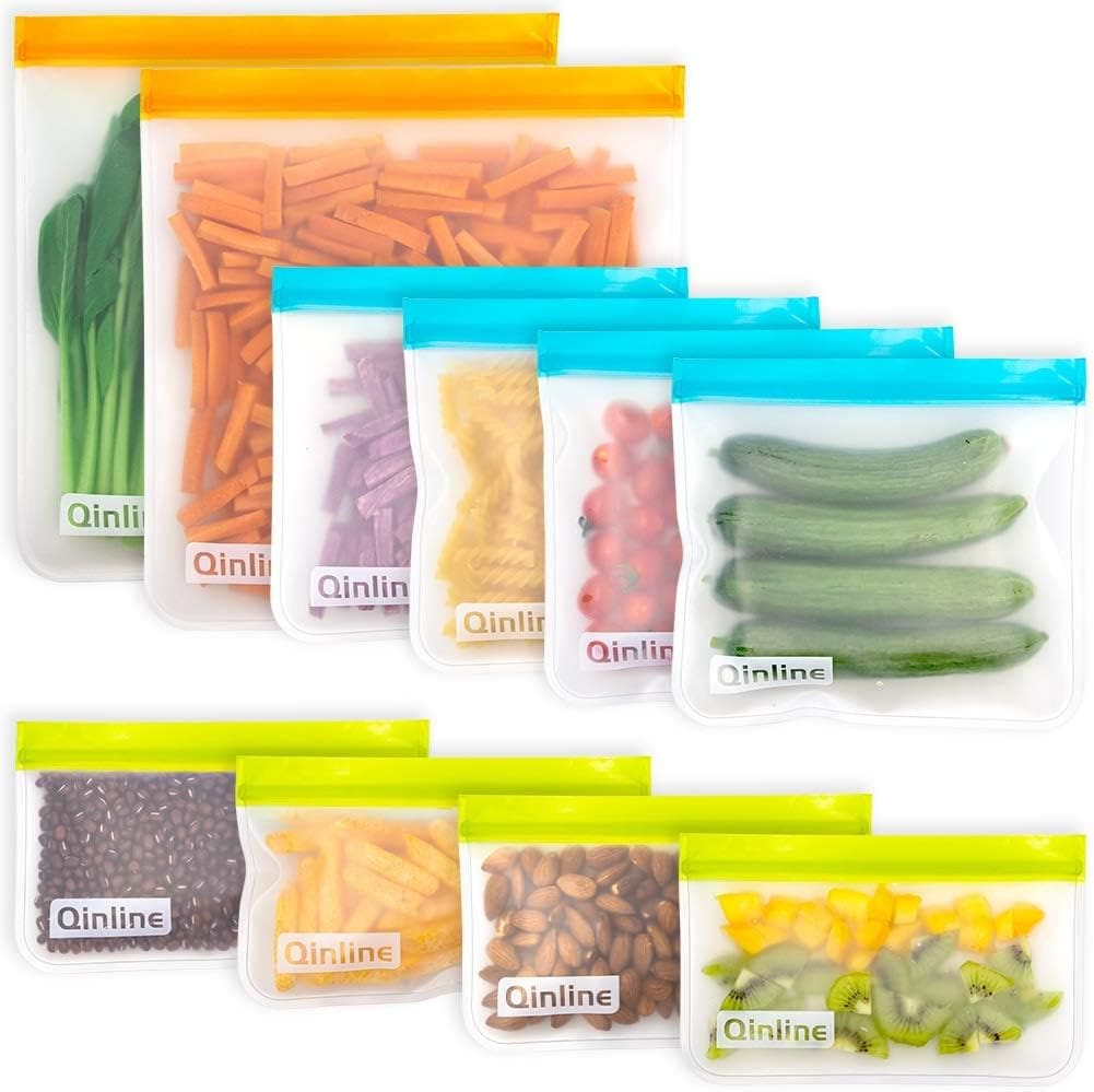 Qinline Reusable Food Storage Bags - 10 Pack BPA FREE Freezer Bags(2 Reusable Gallon Bags + 4 Reusable Sandwich Bags + 4 Food Grade Snack Bags) EXTRA THICK Leakproof Lunch Bag for Salad Fruit