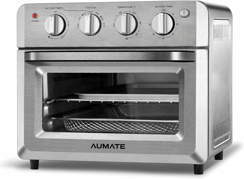 Toaster Oven Air Fryer Combo, AUMATE Kitchen in the box Countertop Convection Oven, Airfryer,Knob Control Pizza Oven with Timer/Auto-Off, 4 Accessories and Recipe Included,1550W,19 QT, Stainless Steel