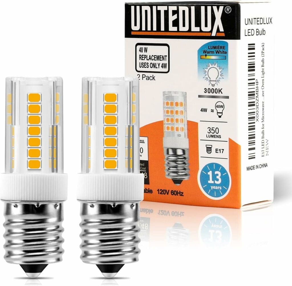 UNITEDLUX E17 LED Bulb Dimmable, Microwave Oven Bulb 4W, 40W Halogen Bulb Equivalent, 350 Lumen Warm White 3000K for Microwave, Over Stove Appliance, Range Hood, E17 Intermediate Base, 2 Pack…