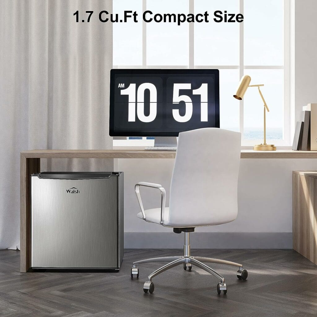 Walsh Compact Refrigerator, Single Door Mini Fridge, Energy Efficient, Adjustable Mechanical Thermostat with Chiller, Reversible Doors and Leveling Front Legs, 1.7 Cu Ft., Stainless Steel