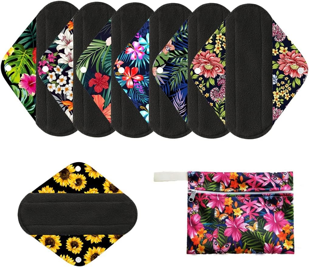 7pcs/Set Including 1pc Mini Wet Bag +6pcs Bamboo Charcoal Cloth Menstrual Pads/Reusable Sanitary Pads/Mama Panty Liners (All Randomly Prints)