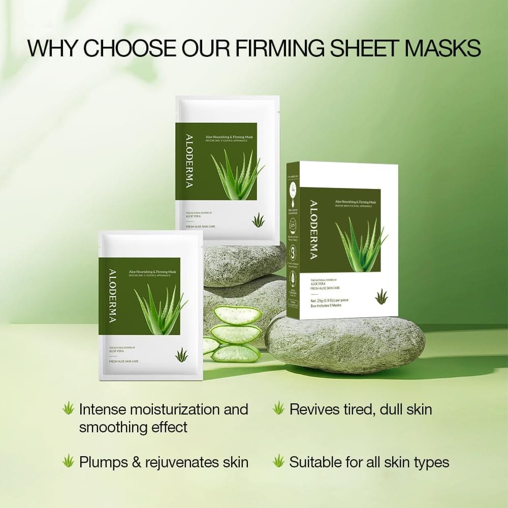 Aloderma Firming Sheet Masks with 88% Organic Aloe Vera 5 pcs - Formulated for Age-Defying Results with Hyaluronic Acid  Arginine, Intense Hydration  Nourishment for Plump, Supple, Rejuvenated Skin