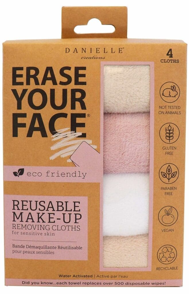 ERASE YOUR FACE Face Reusable Makeup Removing Cloths With Friendly Packaging By Danielle Enterprises 4 pack D50007, ECO, 1 Count