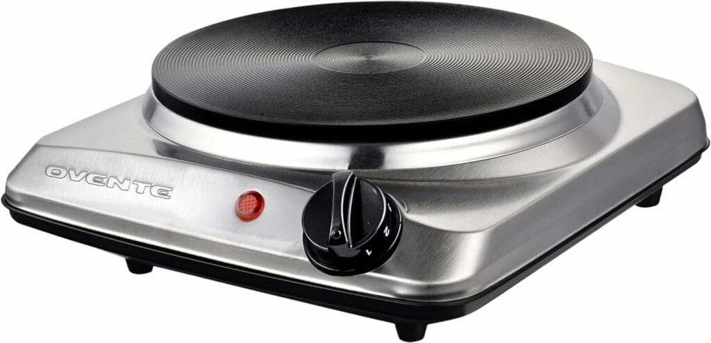 OVENTE Electric Countertop Single Burner, 1000W Cooktop with 7.25 Inch Cast Iron Hot Plate, 5 Level Temperature Controls, Compact Cooking Stove and Easy to Clean Stainless Steel Base, Silver BGS101S