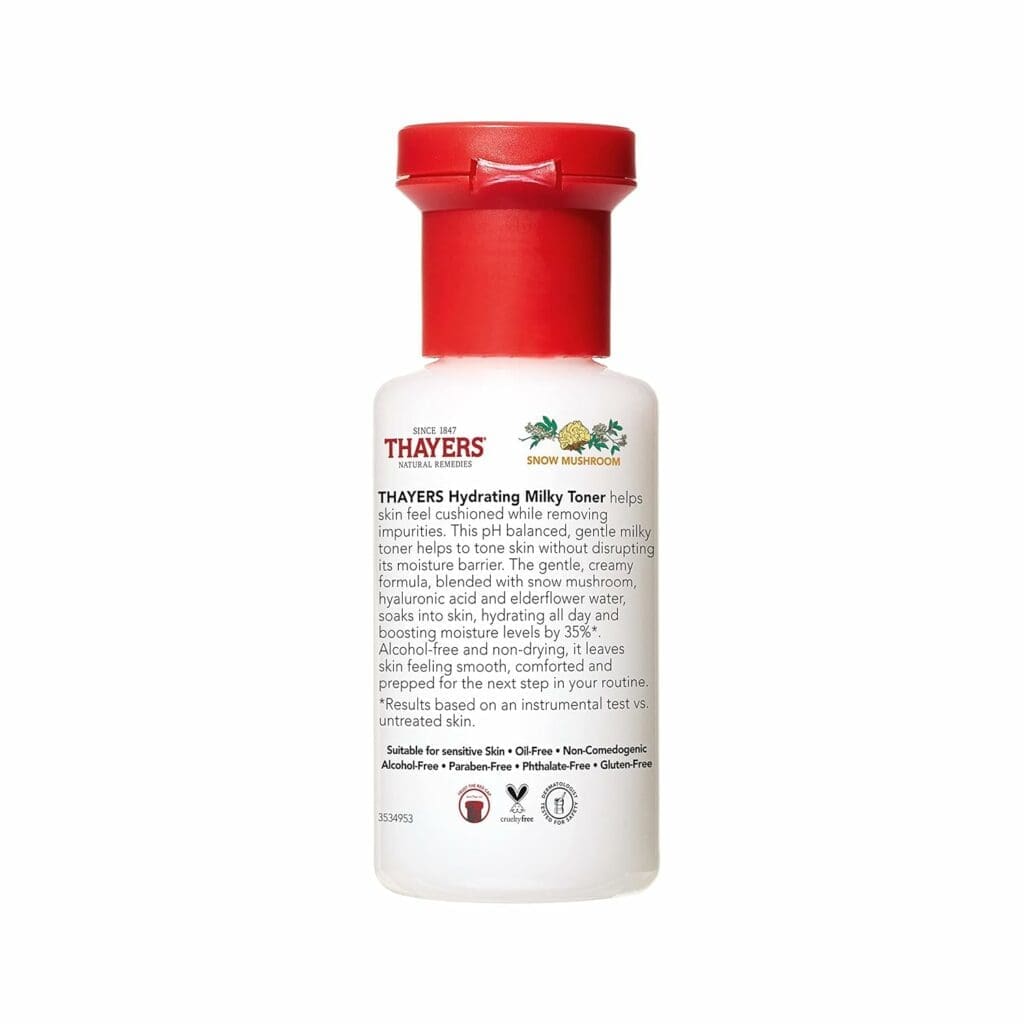 Thayers Milky Hydrating Face Toner with Snow Mushroom, Hyaluronic Acid and Elderflower, Dermatologist Recommended Gentle Alcohol Free Facial Skincare for Dry and Sensitive Skin, Paraben Free, 3 FL oz